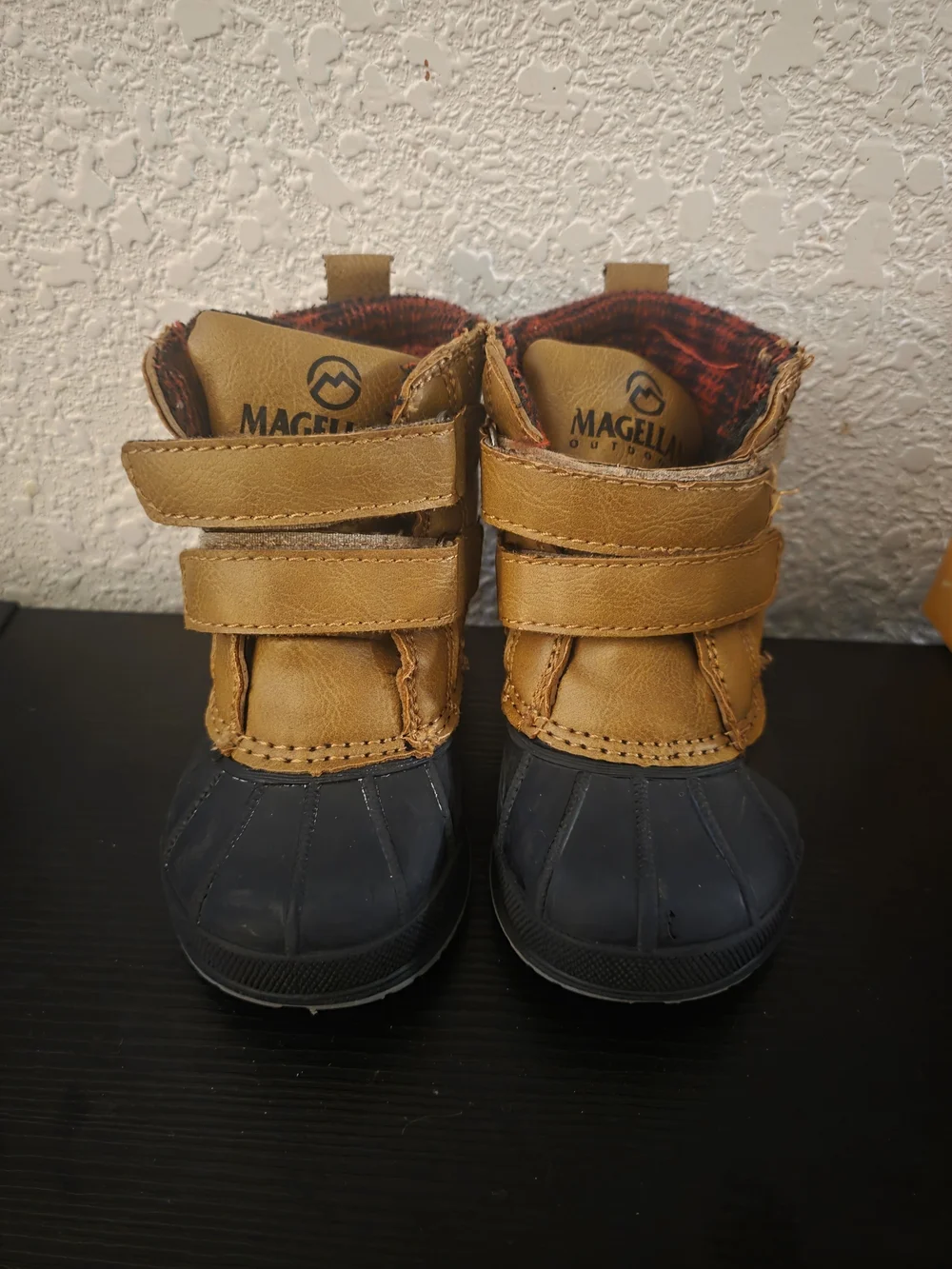 Magellan Outdoors Kids Tan and Black Insulated Snow Boots with Red Plaid Collar